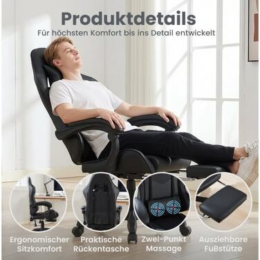 Професійне ігрове крісло ергономічне офісне крісло з регульованою опорою для голови та попереку підставкою для ніг, регулюванням висоти та поворотом на 360, вантажопідйомністю до 150 кг, чорного кольору