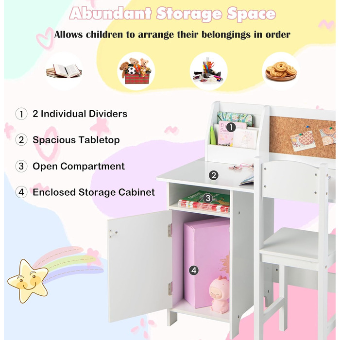 Дитяча парта LIFEZEAL з дерев'яним стільцем, навчальний стіл з відсіком для зберігання та дошкою, дитяча сидяча група від 3 років,