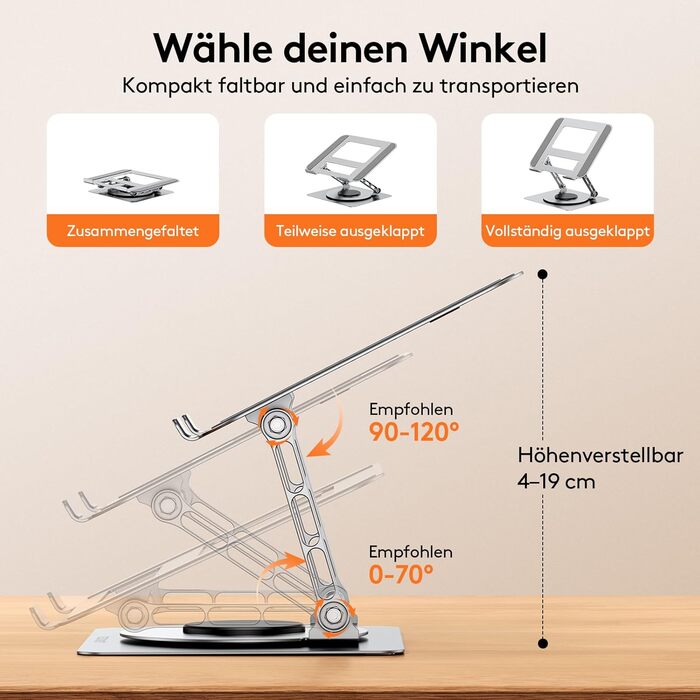 Стійка для ноутбука TECKNET регульована по висоті, ергономічна та складна, з алюмінію. Надійна підставка для ноутбука, сумісна з MacBook Air/Pro, Dell до 17,3 дюймів - срібляста