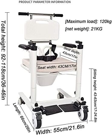 Стілець для душу, інвалідний візок для підйому пацієнта для дому, портативне крісло для перенесення пацієнтів, допоміжний підйомник для інвалідного візка з розділеним сидінням на 180, приліжкове крісло з штовхачем для горщика