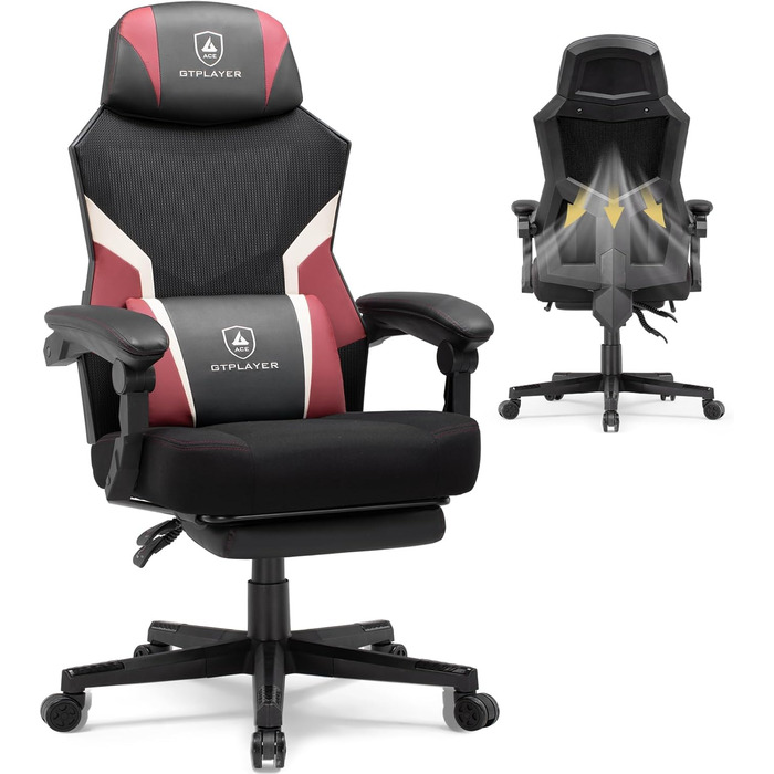 Ігрове крісло GTPLAYER з підставкою для ніг, ергономічне офісне крісло з сітчастою спинкою, тканинне ігрове крісло для дому та офісу, червоне, велике
