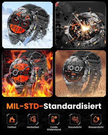 Чоловічий військовий смарт-годинник з акумулятором 1000 мАг, 1,7-дюймовий HD смарт-годинник/світлодіодний ліхтарик/водонепроникність IP68/пульсометр/SpO2/монітор сну/100 спортивних режимів, фітнес-годинник для iOS Android чорний