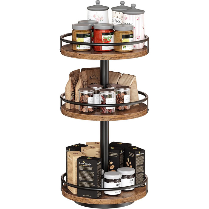 Підставка для спецій HOOBRO, кухонна полиця, 3-рівнева обертова підставка для спецій, кухонний органайзер, тримач для спецій, для кухонної стільниці, туалетного столика, обіднього столу, рустикальний коричневий та чорний EBF09TL01 25 x 25 x 48 см рустикал