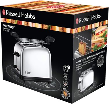 Сендвіч з тостером Russell Hobbs на 2 скибочки, включаючи щипці для сендвічів/паніні Victory Stainless Steel (надзвичайно широкі отвори для тостів, 6 рівнів підрум'янювання функція розморожування та розігріву, 1200 Вт) 23310-57