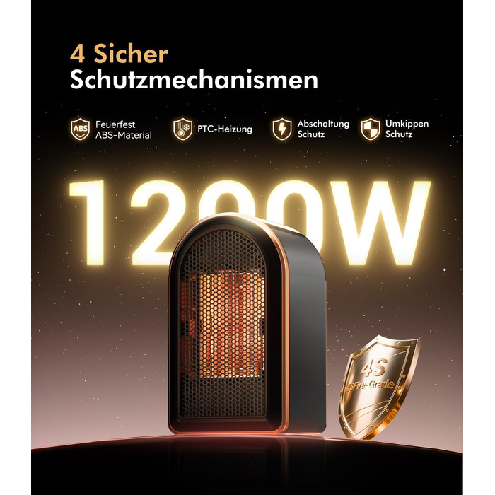 Новий оновлений міні-обігрівач для ванної кімнати 1 за продуктивністю обігріву - сертифікований Енергозберігаючий керамічний обігрівач Повністю захищений 4 системами безпеки Електричний обігрівач для спальні, офісу, кемпінгу (чорний)