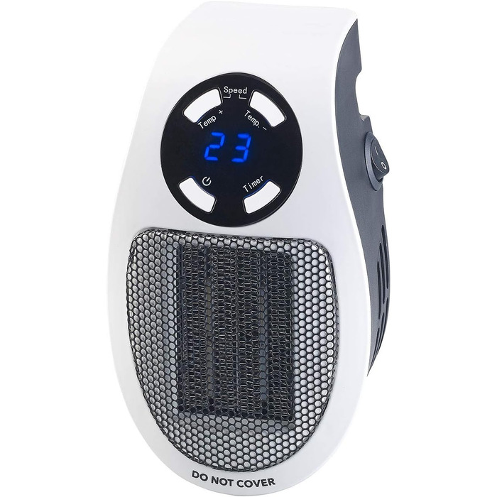 Підключається до розетки побутової техніки Sichler Керамічний вентилятор-обігрівач з термостатом, таймером, дисплеєм, 500 Вт (Маленький обігрівач для розетки, підключається до розетки, для людей похилого віку)