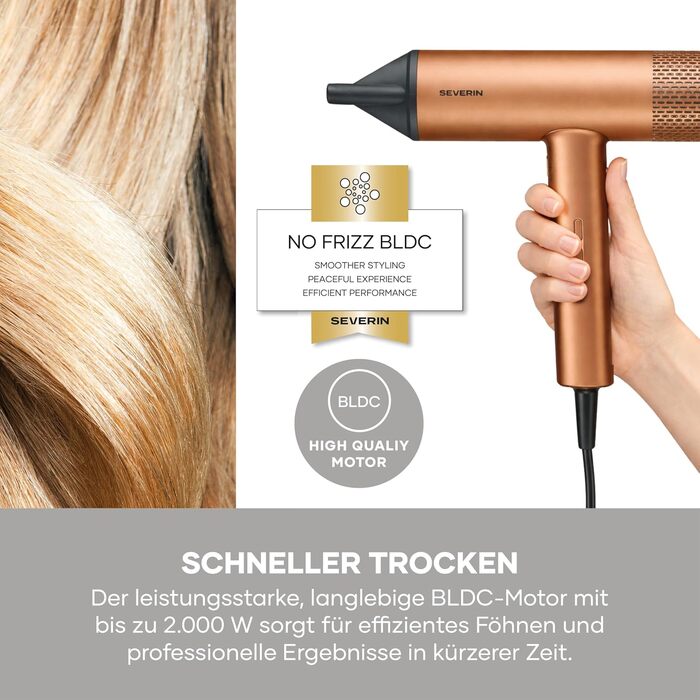 Фен для волосся Severin HT 0172 з іонізацією та функцією Anti-Frizz, 2000 Вт, 3 режими температури та потужності, холодний обдув, з концентратором та дифузором, S-Style, бронзовий/чорний