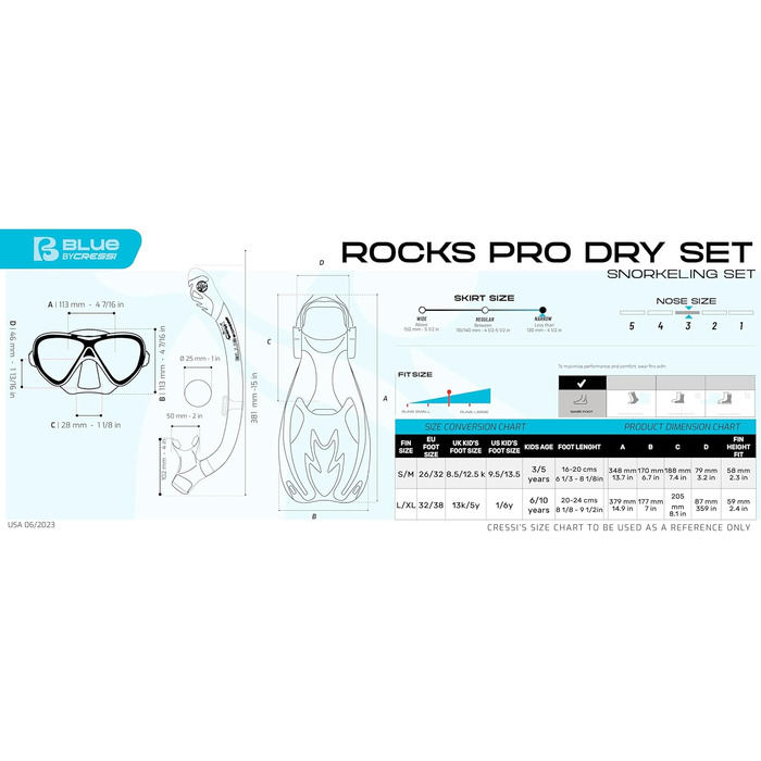 Ласти для снорклінгу для дітей або дитячий комплект для снорклінгу - Унісекс комплект для снорклінгу L/X (34/38) Синій/Білий