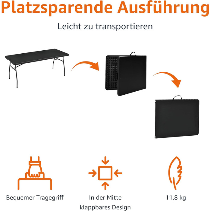 Розкладний стіл Storeo Basics, прямокутний, з ручкою для перенесення, для використання в приміщенні та на вулиці, портативний, легкий, дорожній стіл, для пікніка, кемпінгу, чорний, 182 x 75 x 73 см (183 см) чорного кольору