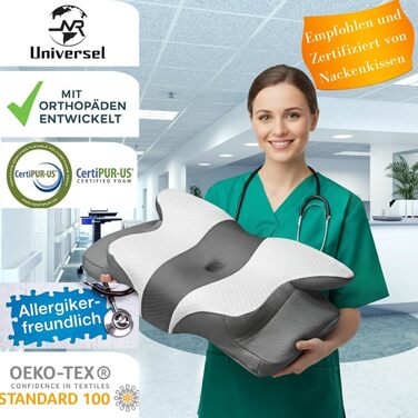 Ортопедична подушка для шиї Universal з піни з ефектом пам&39яті ергономічна подушка для сну на боці, спині та животі дизайн у формі метелика, знімний дихаючий чохол, сірий 634213 см