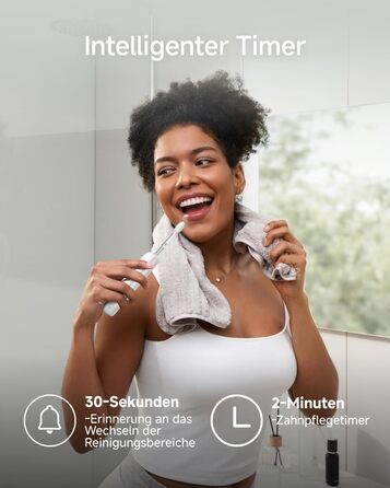 Звукова зубна щітка з 6 режимами чищення та акумулятором на 70 днів, 60 осциляції, контроль тиску, 2 інтелектуальні насадки (ABS Білий)