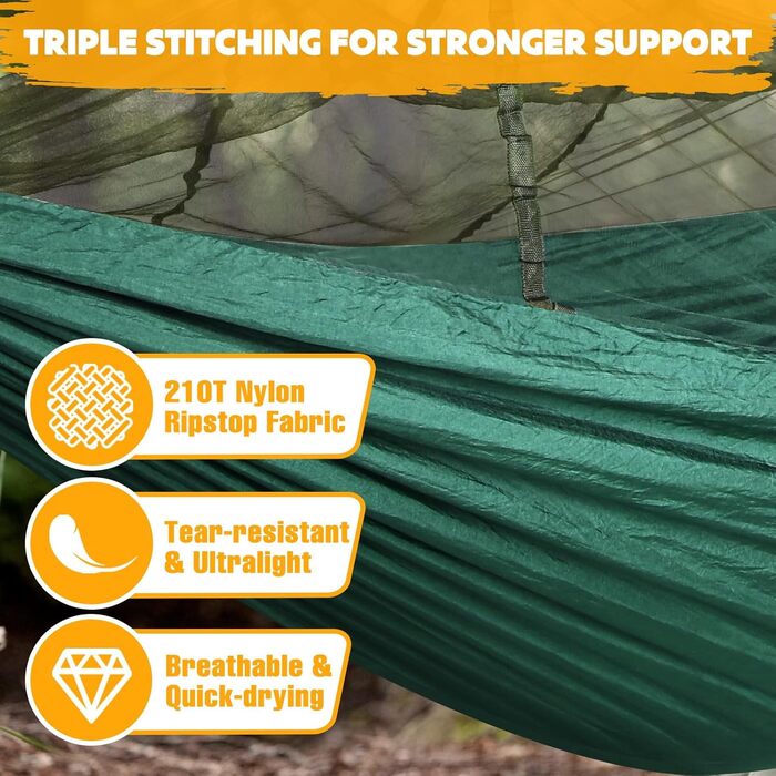 Ультралегкий гамак для кемпінгу з москітною сіткою NATUREFUN, вантажопідйомність 300 кг (275 x 140 см), дихаючий, швидковисихаючий парашутний нейлон, включає 2 карабіни преміум-класу, 4 нейлонові петлі, 275 x 140 см, темно-зелений