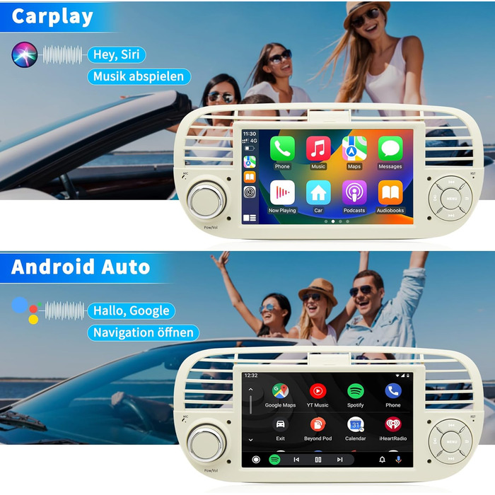 Автомобільна радіо для FIAT 500 2007 2008 2009 2010 2011 2012 2013 2014 2015, система Android 12 2G64G з GPS-навігацією CarPlay Android Auto, 7-дюймовий сенсорний IPS-екран Wi-Fi Bluetooth FM-радіоприймач