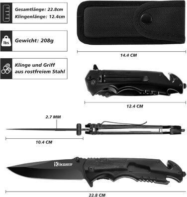 Багатофункціональний складаний ніж IKORES, 22-сантиметровий одноручний ніж з нейлоновими піхвами та кишеньковою кліпсою, відкривач