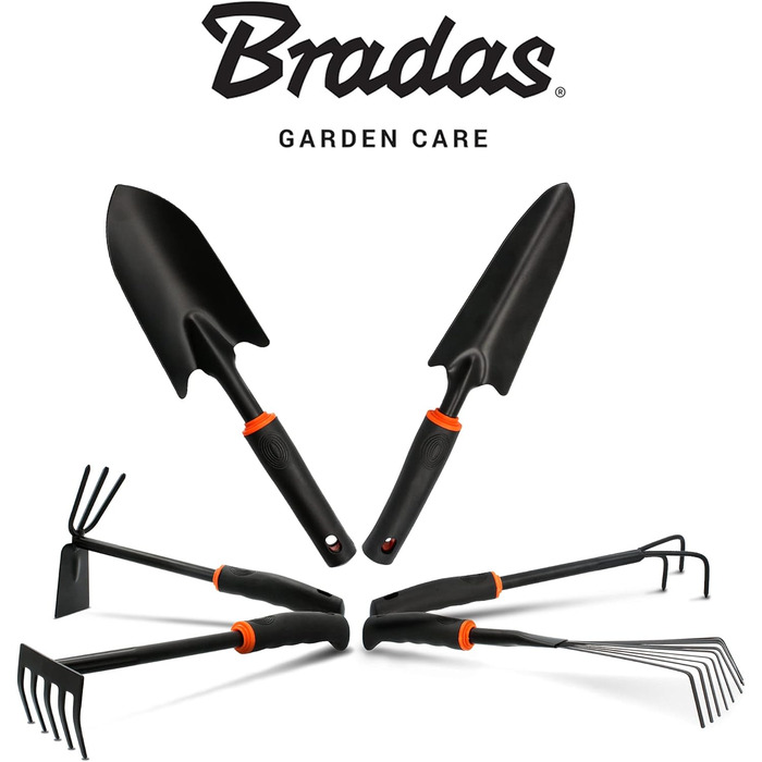 Набір садових інструментів 6 в 1 DE LUXE зі сталі 2 лопатки для квітів (6 см та 8 см), маленький грабель, комбінована сапка (подвійна сапка), культиватор, віяловий грабель (маленький віник) Компактний набір садових інструментів, 6 предметів