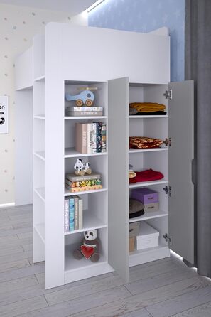 Дитяче ліжко-горище Shefa з письмовим столом - компактне ліжко-горище 5-в-1 для дітей зі сходами, шафою, полицею та робочою зоною - сірого кольору, вантажопідйомність до 90 кг, розміри 206 x 107 см