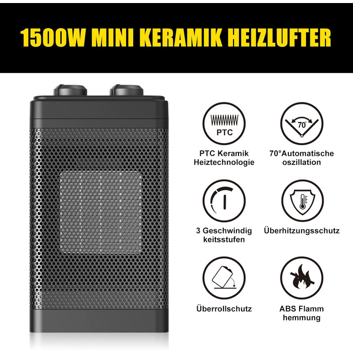 Енергозберігаючий вентилятор-обігрівач - 1500 Вт/2 с швидкий нагрів/3 режими нагріву/коливання 70/тихий обігрівач із захистом від перекидання та перегріву, керамічний вентилятор-обігрівач для офісу, спальні