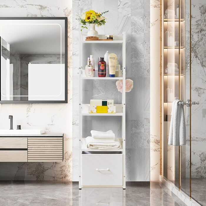 Полиця-драбина, книжкова полиця, 5-ярусна книжкова полиця з шухлядою, підставка для рослин, книжкові полиці для вітальні, спальні, кухні, сталевий каркас, білий YD-BC001W 39x26x136см Білий