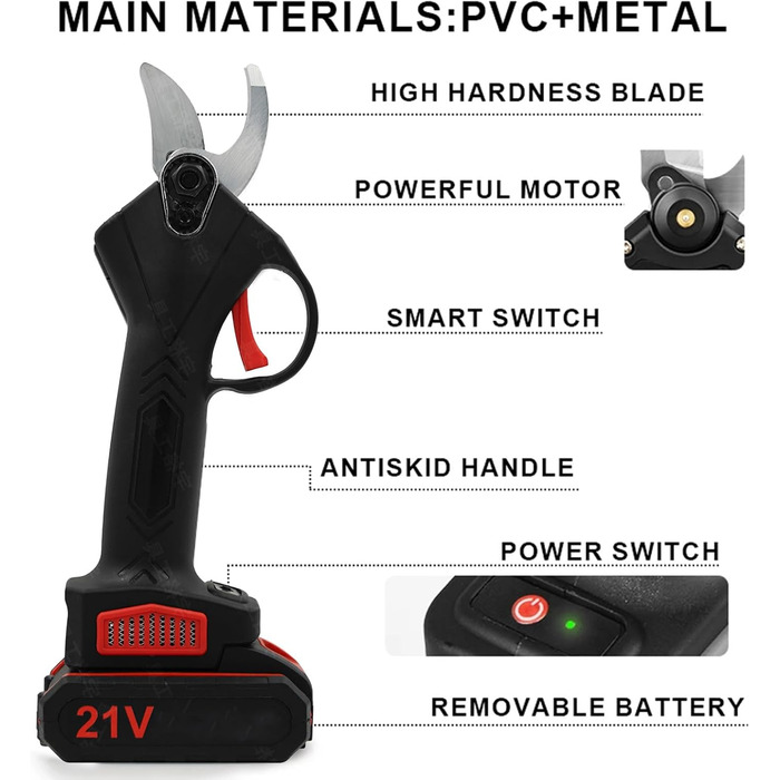 Електричні садові ножиці, бездротові, 25 мм, з 2 батареями (21 В), працюють від акумулятора, для садівництва, фруктових дерев та виноградників