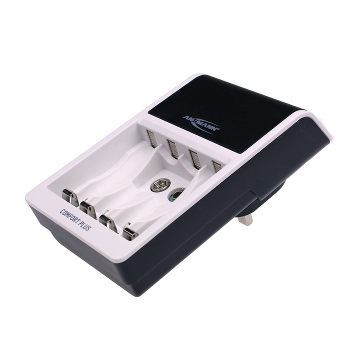 Зарядний пристрій ANSMANN Comfort Plus для акумуляторів типу AA, AAA та 9V з 3-контактним штекером для Великої Британії, швидка зарядка та швидке тестування ємності