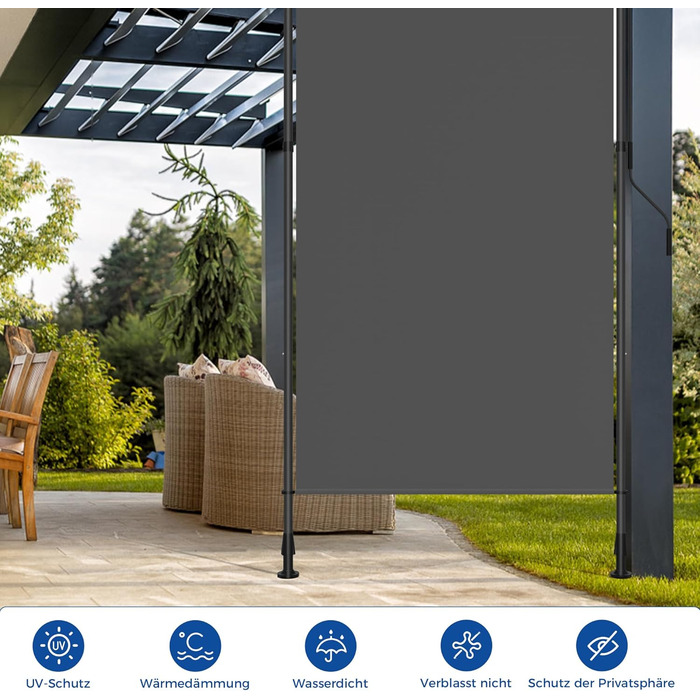 Вертикальна тентована маркіза для вулиці, Вертикальна тентована маркіза без свердління, Балконна жалюзі з ручним приводом, Ширма для забезпечення конфіденційності, Захист від сонця, Вітрозахист, Балкон та сад, 200 x (220-310) см, Ширина тканини 185,5 см, 