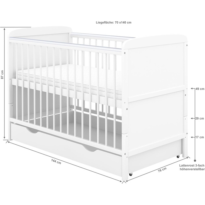 Дитяче ліжечко 70x140 см біле, що трансформується в дитяче ліжко &quotНаталі&quot з шухлядою та матрацом з прорізувачами