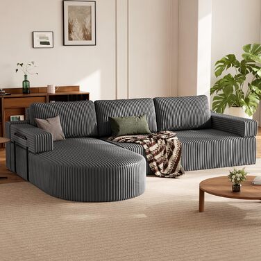 Кутовий диван з функцією сну, вельветовий L-подібний диван-ліжко, диван без кісток, секційний диван-ліжко з сидінням 75 см, модульний диван-ліжко із заокругленим шезлонгом, світло-сірий