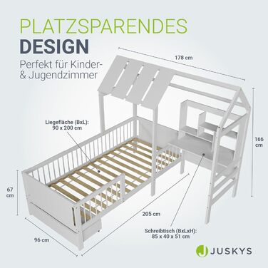 Дитяче ліжко Juskys Yari 90x200 см - Односпальне ліжко з письмовим столом та шухлядою, сосна та міцні матеріали, дизайн &quotГрайливий будиночок&quot - Біле