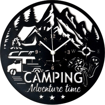 Настінний годинник Camping декор для пригод із наметом, кемпером та компасом Безшумний кварцовий механізм Ідея подарунка для кемперів та любителів природи та outdoor