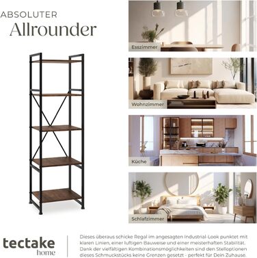 Книжкова полиця tectake Industrial Design, Відкритий стелаж з 5 полицями, Вінтажна окремостояча полиця із захистом від перекидання, Вузька полиця для офісу, вітальні, кухні, 47,5x34,5x151,5 см - Темне дерево в індустріальному стилі, Рустикальний темно-кор