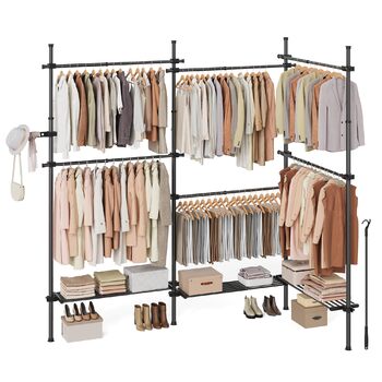 Телескопічна вішалка для одягу SONGMICS, 3-рівнева шафа, регульована по висоті та ширині, відкрита шафа з 6 шт. ангами для одягу та 3 знімними полицями, поручень, матово-чорний HSR155B01 3 ряди (240 Вт-353 Вт) см матово-чорний