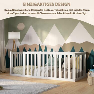 Дитяче ліжко 120x200 см Ліжко Монтессорі на підлогу з високим захистом від падіння 73 см та відкривним бар&39єром - Біле з гладкою поверхнею - Ідеально підходить для хлопчиків та дівчаток Crazy John 200 x 120 см Біле