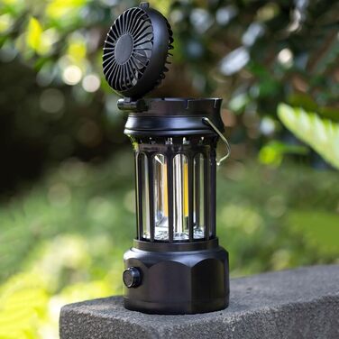 Ліхтар для кемпінгу, портативний багатофункціональний ліхтар з акумулятором 1200 мАг, складний вентилятор та зарядка через порт Type-C, 250 люмен, ABS хромоване залізо, чорний/білий