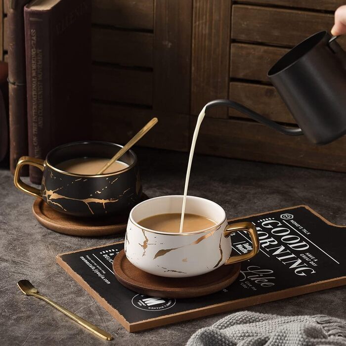 И чашок для еспресо, набір чашок для капучино 300 мл, мармурова кавова чашка з блюдцем, порцеляна, 2 чашки, 2 блюдця, 2 ложки, біл