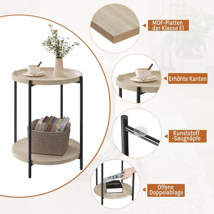 Круглий журнальний столик WOLTU, бічний столик з 2 полицями, стіл для вітальні зі знімною стільницею, тумбочка, столик для дивана, телефонний столик для вітальні та спальні, виготовлений з МДФ та металу, світлий дуб, BTS06hei