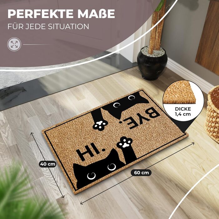 Килимок для котячих дверей з кокосу 60x40 см Привіт і побачення, кіт Надзвичайно міцний та нековзний кокосовий килимок для приміщень та критих відкритіших майданчиків Веселий килимок для дверей з котячим мотивом Ідеально підходить як пилозбірник 01 Привіт