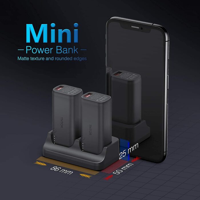 Набір док-станцій для заряджання Power Bank на 10000 мАг, 2 упаковки 5000 мАг Ultra Mini USB C Power Bank з міні-подвійною зарядною станцією, сумісний з iPhone, Samsung Galaxy Huawei та камерами - чорний