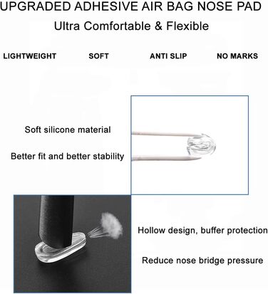 Носові упори Mr.ZzjOOj для окулярів, 5 пар модернізованих самоклеючих м'яких силіконових носових окулярів з повітряною камерою, підняті носові упори 3,2 мм для пластикової оправи (прозорі)