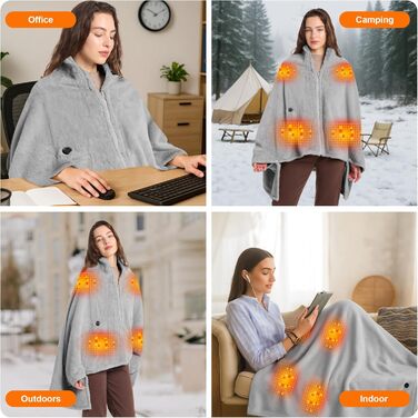 Бездротова ковдра з підігрівом 160x90 см з акумулятором 16000 мАг, фланелева електрична ковдра з підігрівом та 6-зонним обігрівом, 3 налаштування температури, ковдра з підігрівом, яку можна прати, для дивана, офісу, автомобіля, кемпінгу (сіра)