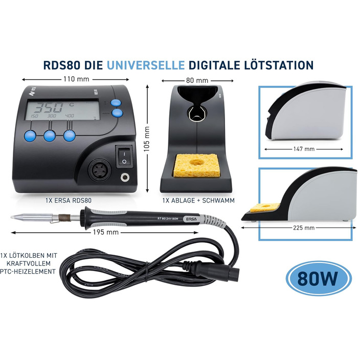 Цифрова паяльна станція потужністю 80 Вт з регульованою температурою 150 - 450 C, включаючи паяльний наконечник 2,2 мм долотоподіб