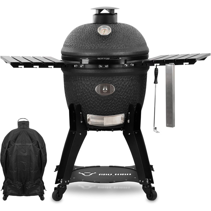 Вугільний гриль 'Yoru Ø 56 см з бічними поличками, термометром матовий чорний бульбашкова глазур керамічний гриль на колесах, кера
