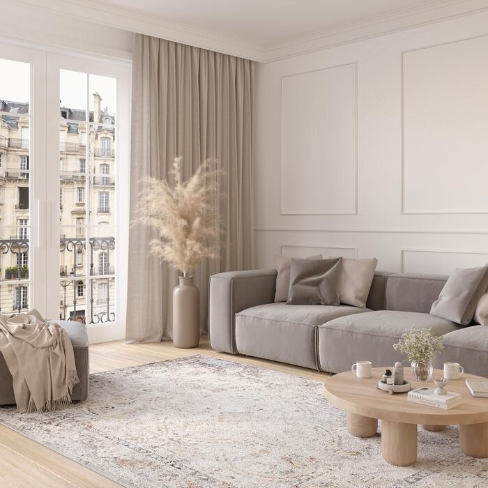 Килим з коротким ворсом Vintage Кремовий Білий Сірий Темно-сірий Дизайн рамки Використано Ефект Розмитий Розмитий Вітальня Спальня