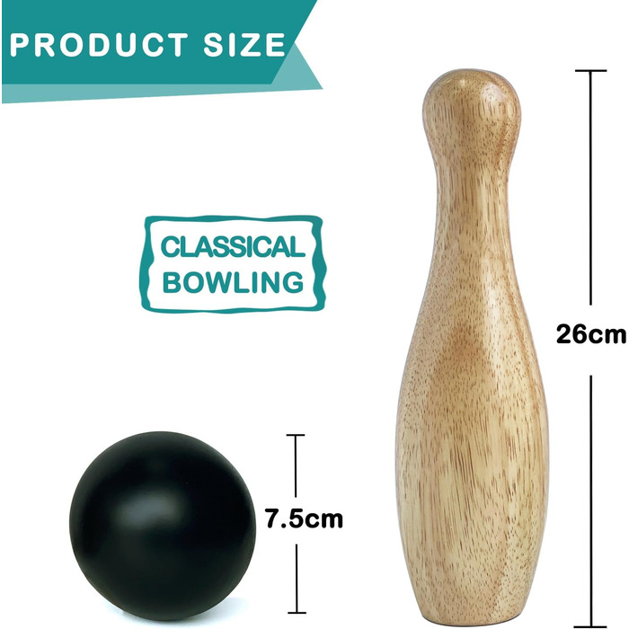 Дерев&39яний набір для боулінгу з пляшками для метання, гра на газоні для всієї родини, ігровий набір з сумкою для перенесення (В 26 см, 10 кілочків 3 м&39ячі) Висота 26 см, 10 кілочків 3 м&39ячі