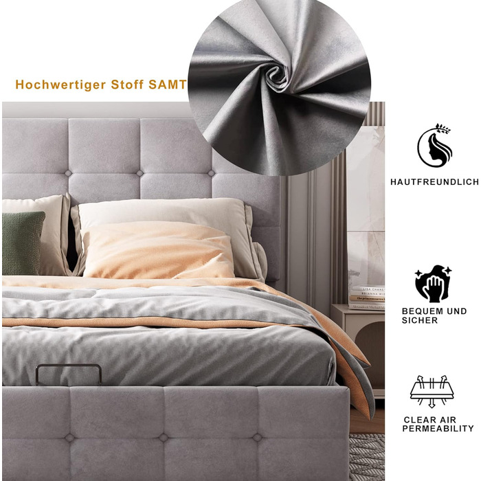 М&39яке ліжко 140x200, двоспальне ліжко з узголів&39ям, ліжко з місцем для зберігання речей, дитяче ліжко з гідравлічним місцем для зберігання речей, функціональне ліжко, гостьове ліжко, каркас ліжка з рейковою основою, без матраца, оксамит (сірий)