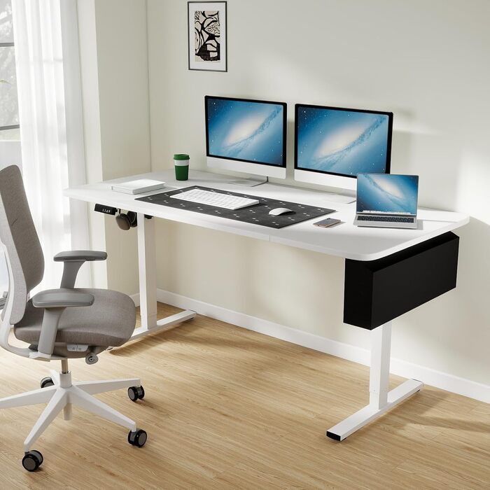 Електрично регульований по висоті стіл, 160 x 80 см, комп&39ютерний стіл з функцією пам&39яті, ергономічний стіл для роботи стоячи, з гачками та сумкою для зберігання, офісний стіл, білий 160 x 80 см