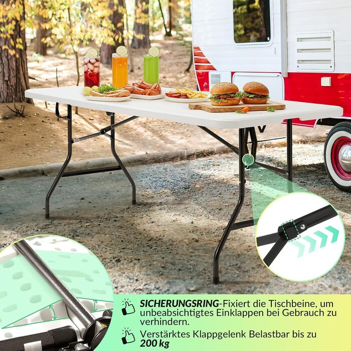 Розкладний садовий стіл Velway 180x74 см, фуршетний стіл - швидкий та простий у встановленні розкладний стіл для 6-8 осіб, водонепроникний, кемпінговий стіл, стіл для вечірок, стіл для блошиного ринку з ручкою для саду, патіо, балкону, білий