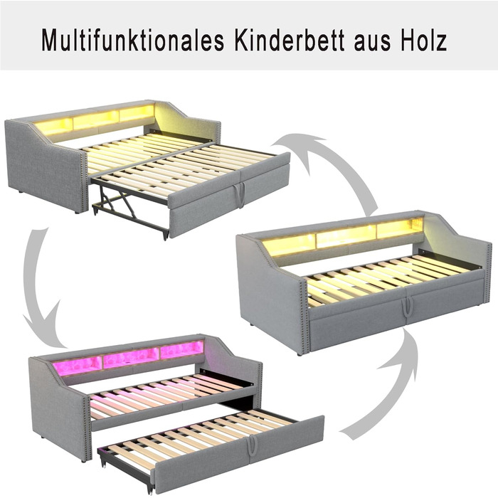 М&39яке ліжко, розкладне ліжко 90/180x200, кушетка/диван-ліжко зі світлодіодним підсвічуванням, USB-портом та відділенням для зберігання речей, односпальне/двоспальне ліжко, функціональний каркас ліжка з рейковою основою, лляне, без матраца, світло-сірий 