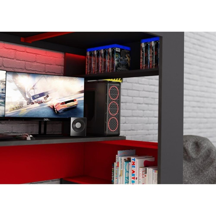 Дитяче двоярусне ліжко Gamex з ігровим столом в антрацитовому та червоному кольорах