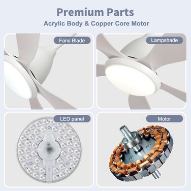 Стельовий вентилятор FENGYUN ELE зі світлом, 132 см білий стельовий вентилятор зі світлом і пультом дистанційного керування, ревер