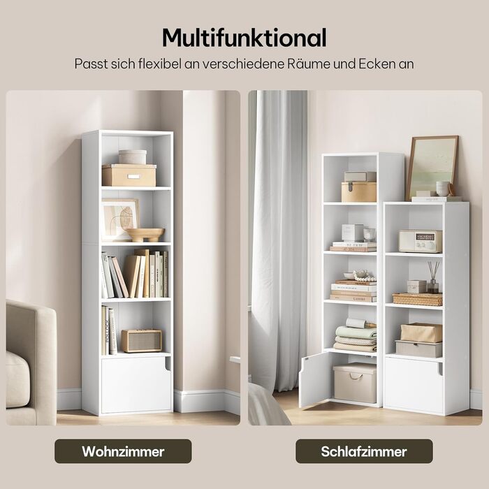 Біла книжкова полиця eSituro, вузька полиця з дверцятами, 5 відділень, окремостояча кубічна полиця для вітальні, спальні, офісу, 5 відділень, біла